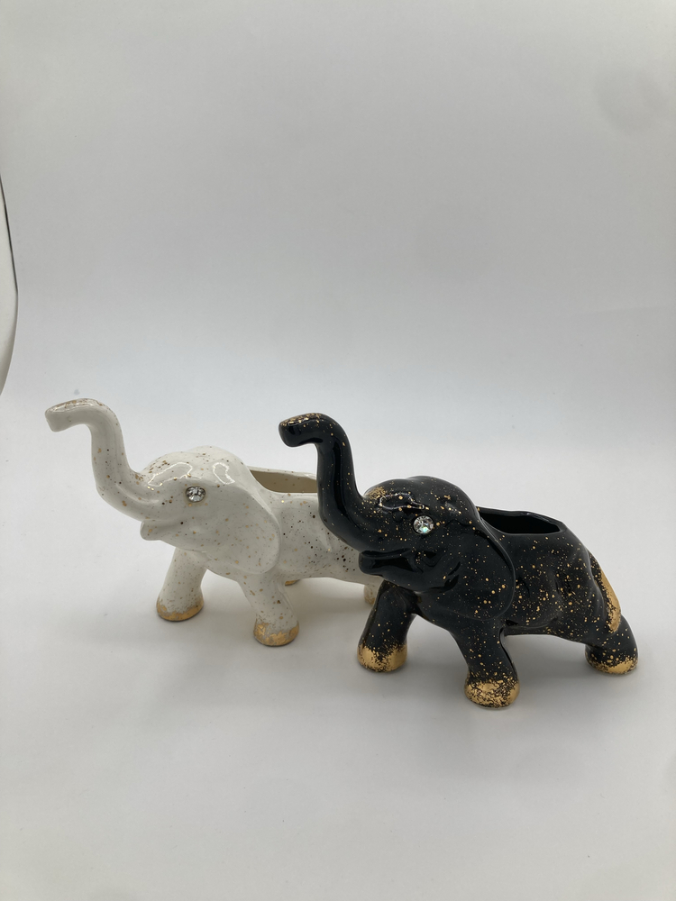 Pair of Vintage Elephant Planters – Black & White Ceramic with Gold Speckles